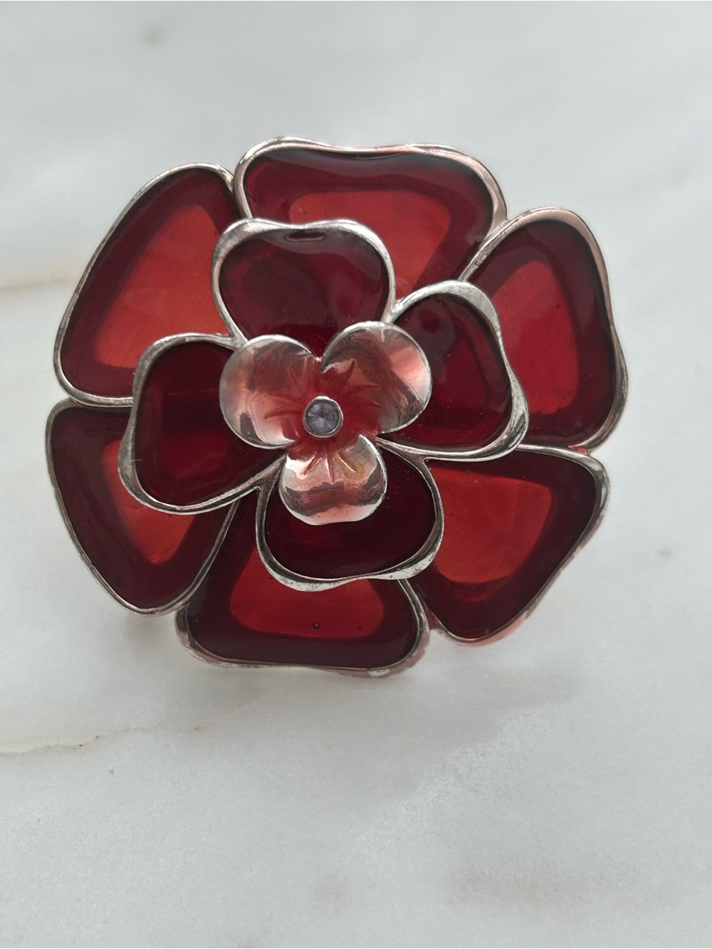 Elegant Camellia Flower Brooch in Red Glass and Mother-of-Pearl with Silver Trim